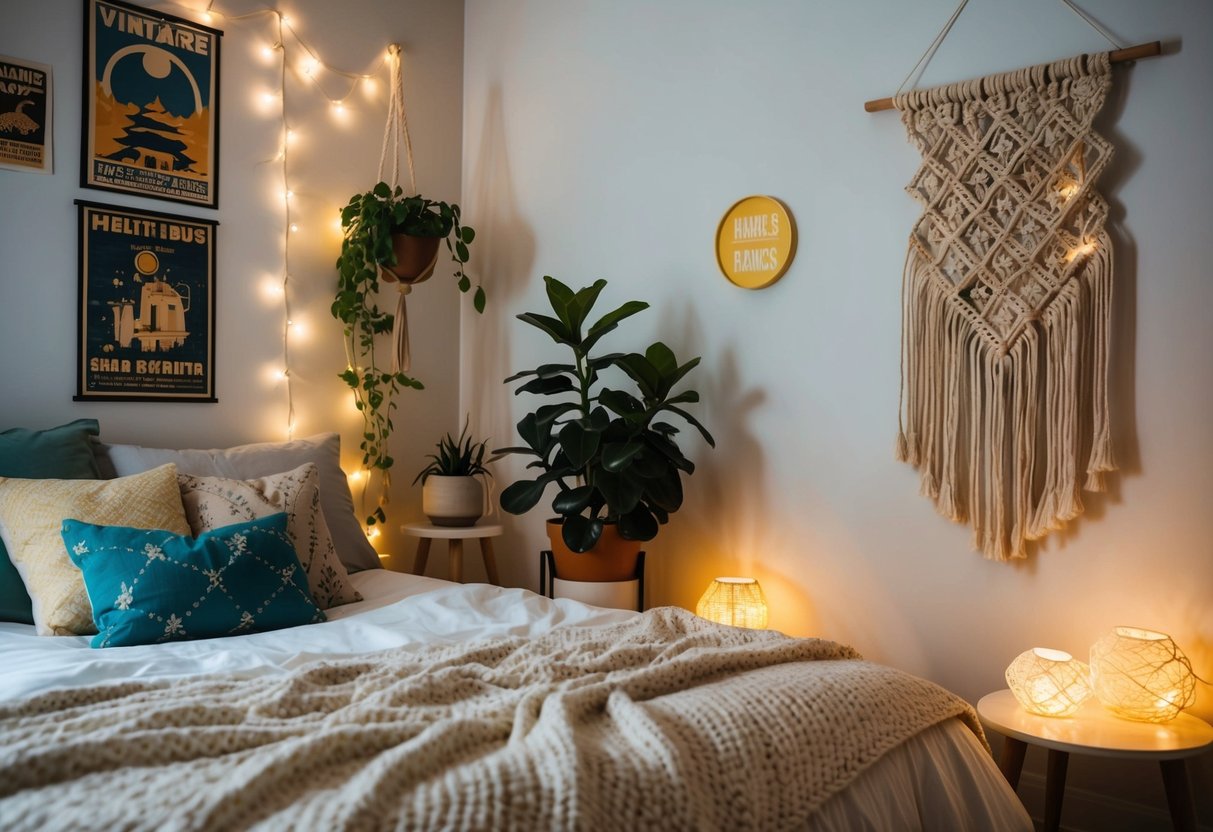 A cozy bedroom with fairy lights, plants, and vintage posters. A handmade macrame wall hanging adds a bohemian touch