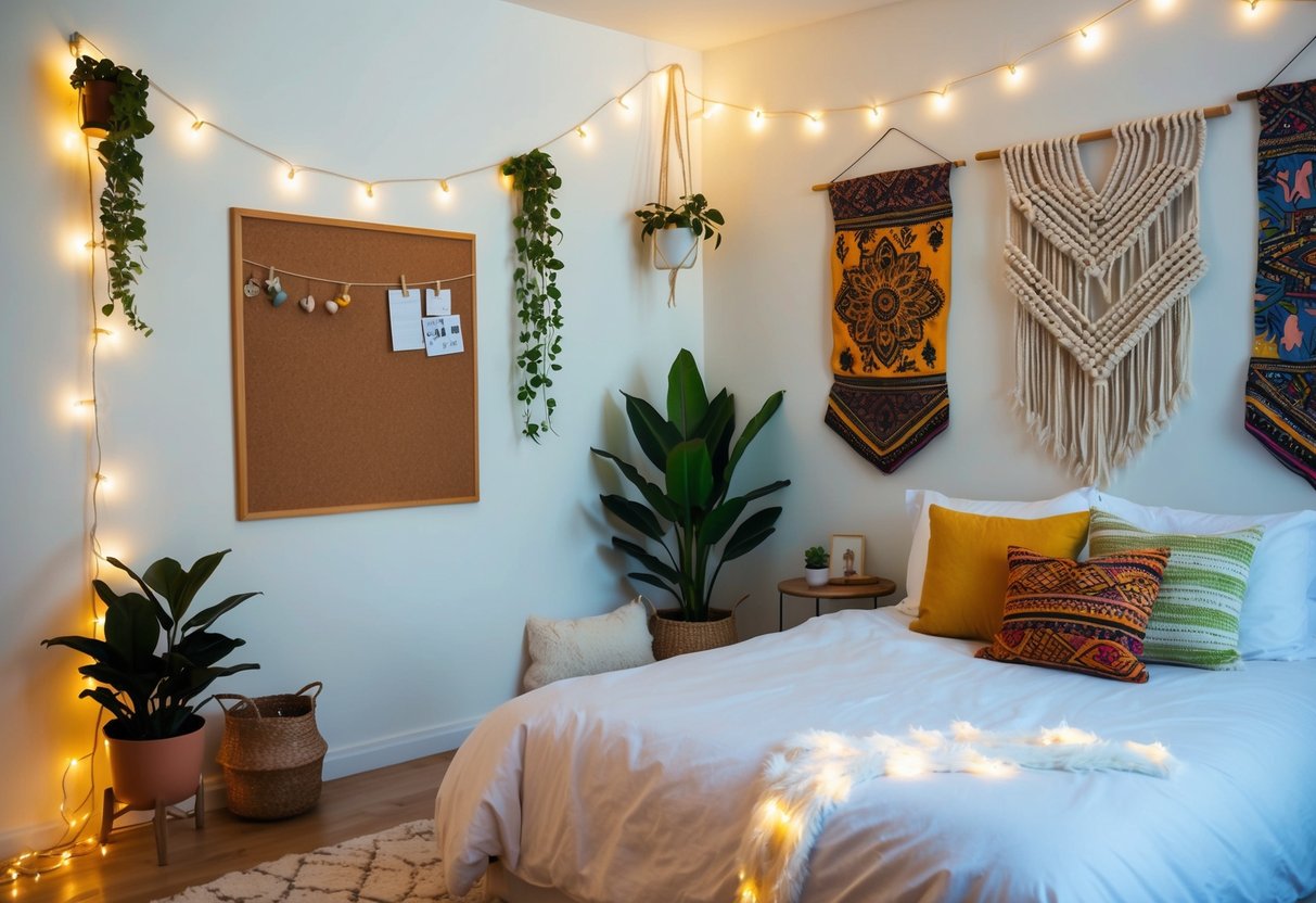 A cozy bedroom with soft string lights, potted plants, and colorful tapestries adorning the walls. A DIY cork board and handmade macrame wall hangings add a personal touch to the space