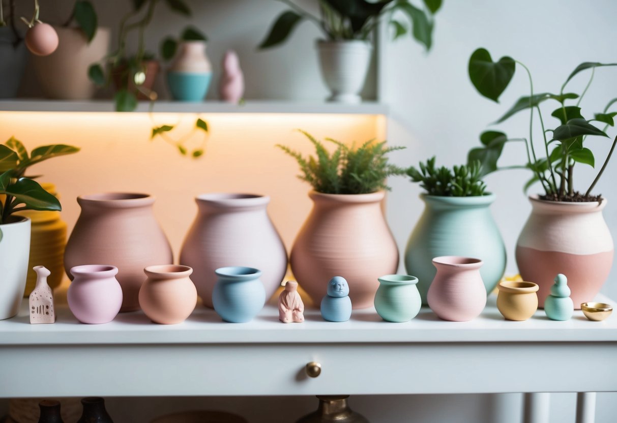 A table with pastel-colored clay pots, mini sculptures, and trinkets arranged neatly on a shelf. Soft lighting and plants add to the cozy aesthetic