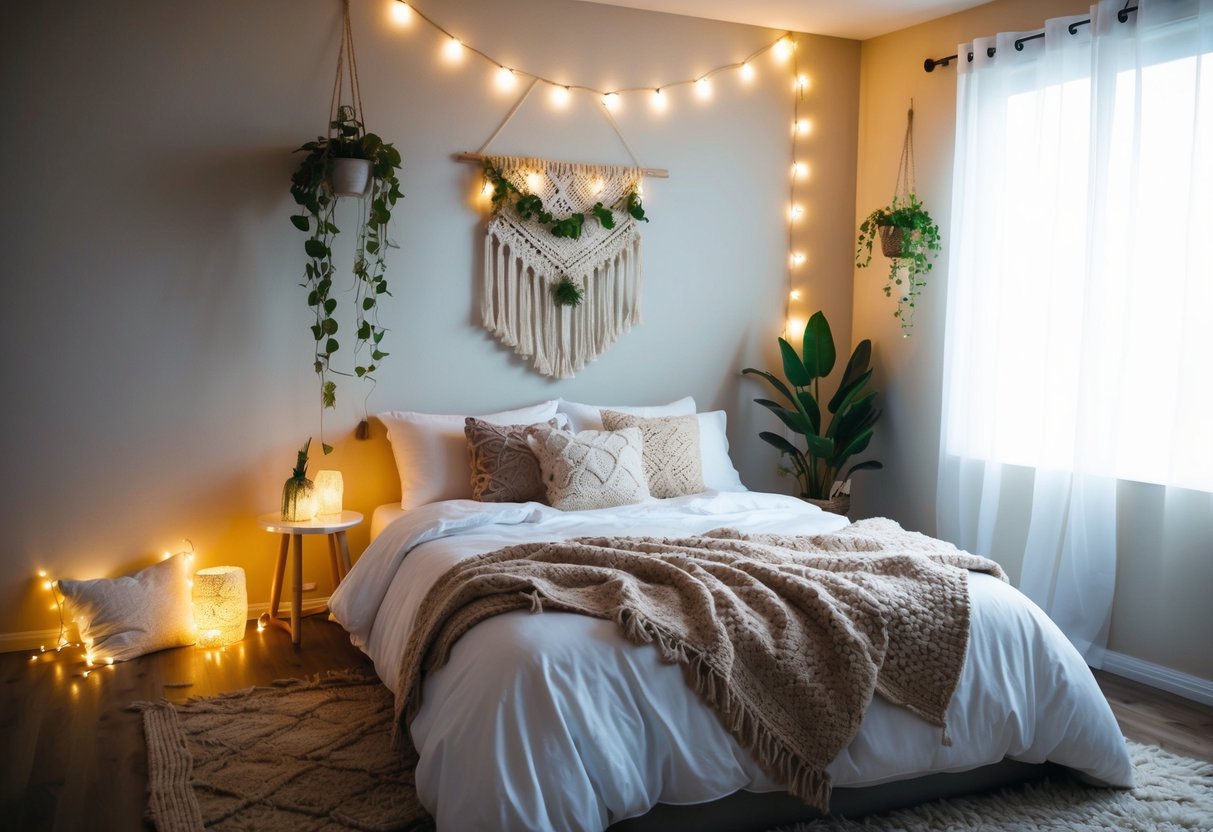 A cozy bedroom with fairy lights, hanging plants, and DIY wall art. Aesthetic decor includes bohemian rugs and cozy throw pillows
