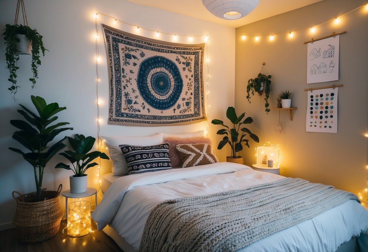 A cozy bedroom with fairy lights, plants, and tapestries. Aesthetic drawings and DIY decor adorn the walls