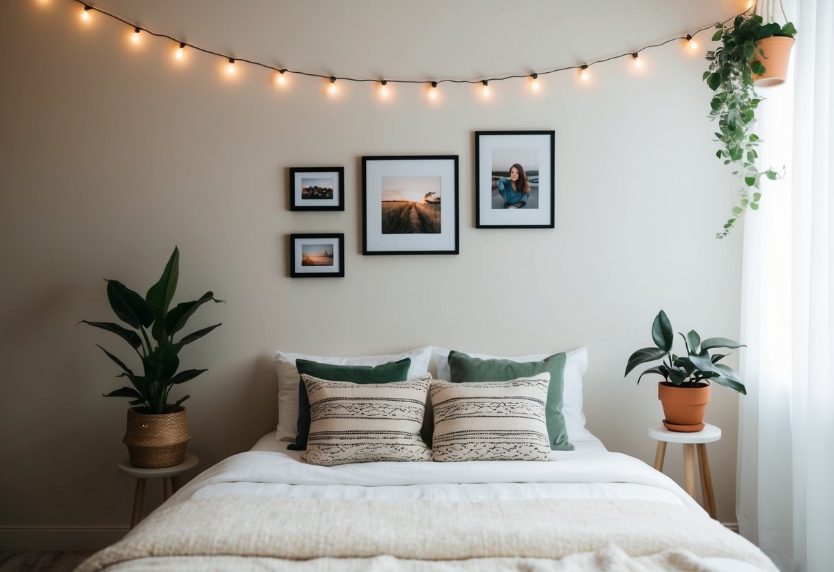 A cozy bedroom with string lights, framed photos, and potted plants on a simple wall