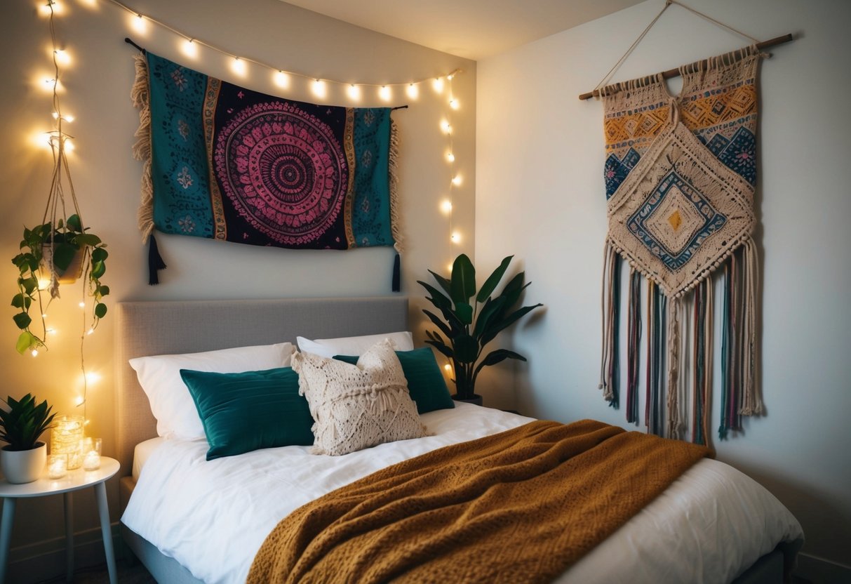 A cozy bedroom with fairy lights, plants, and colorful tapestries adorning the walls. A DIY macrame wall hanging adds a bohemian touch to the aesthetic decor