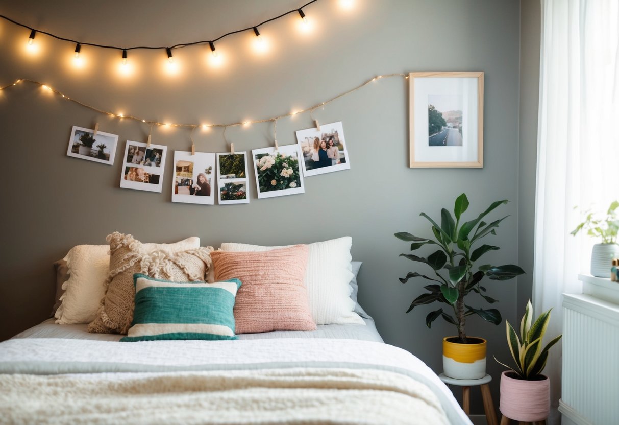A cozy bedroom with handmade decor: string lights, photo collages, painted jars, and potted plants