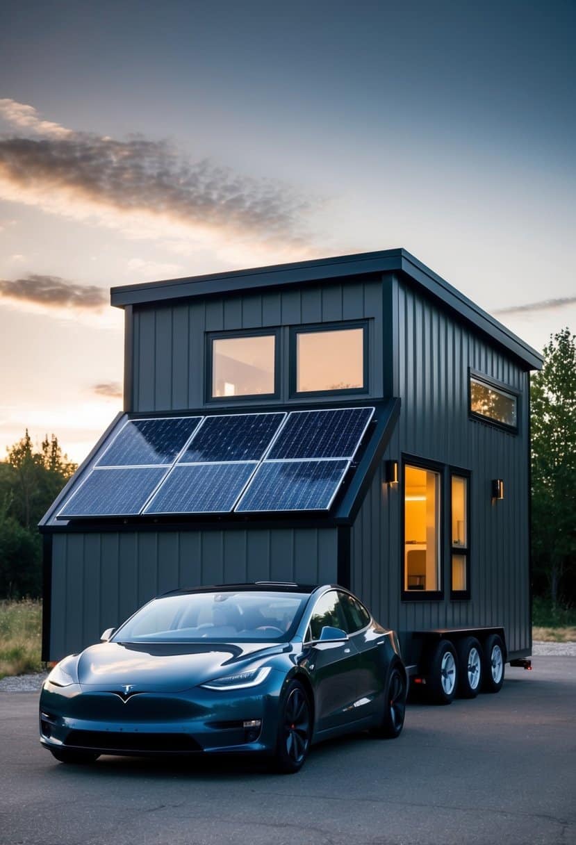 A sleek, modern tiny house with solar panels and a Tesla car parked nearby