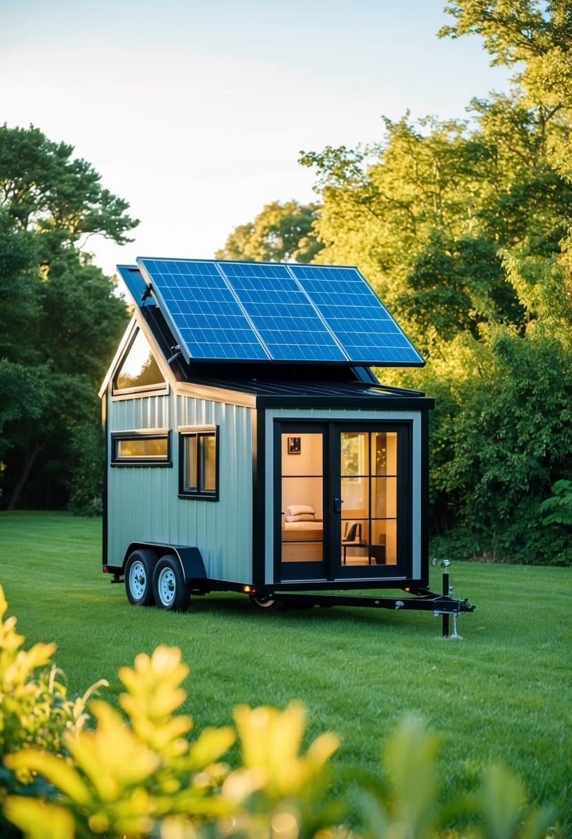A sleek, solar-paneled tiny house on wheels, surrounded by lush greenery and bathed in warm sunlight