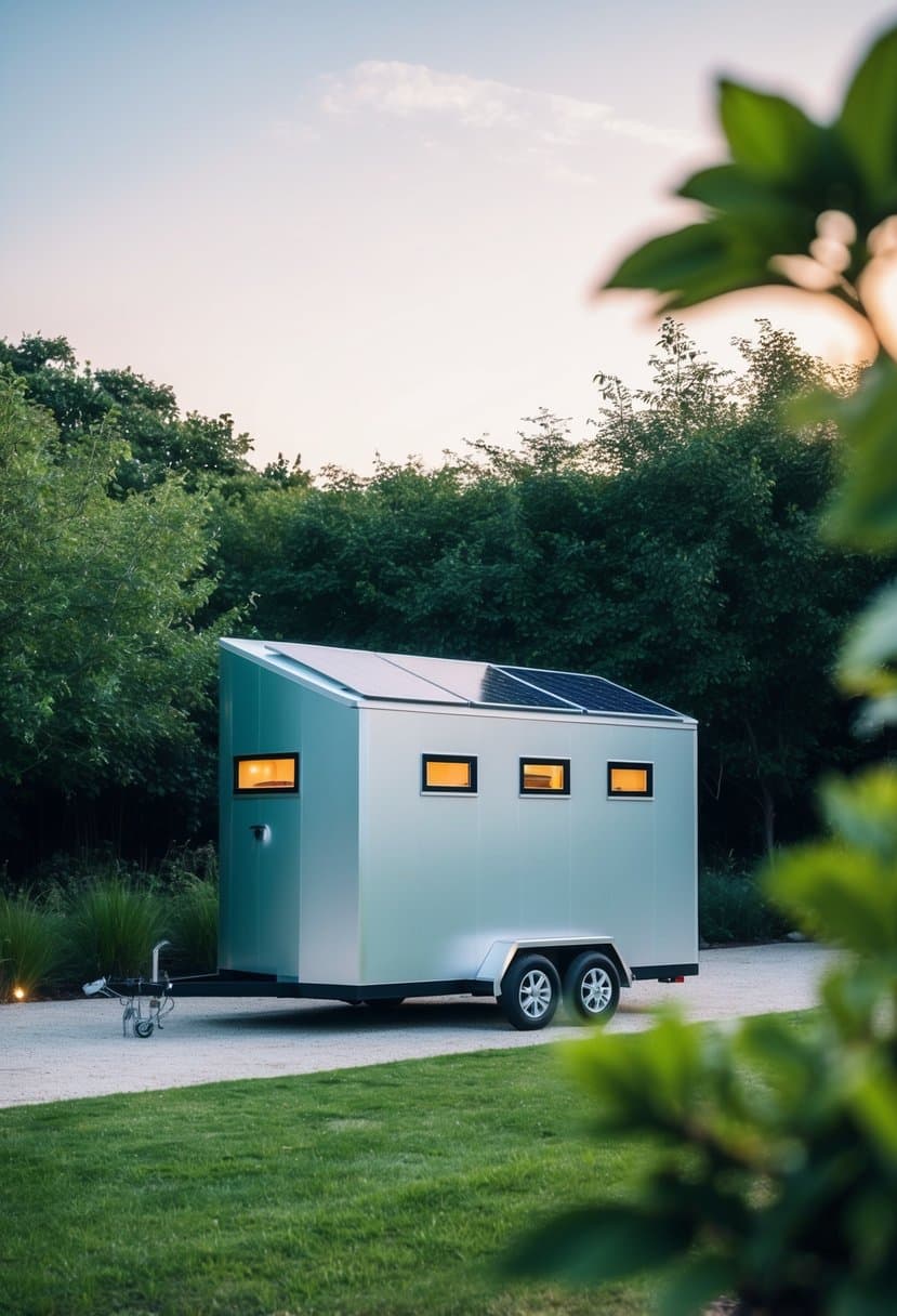 A sleek, compact Tesla tiny house sits on wheels, surrounded by lush greenery and solar panels, showcasing sustainable living