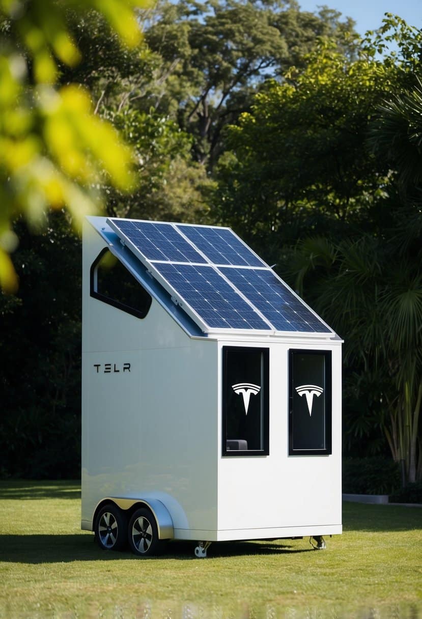 A sleek, compact tiny house with solar panels and a Tesla logo sits in a lush, eco-friendly setting