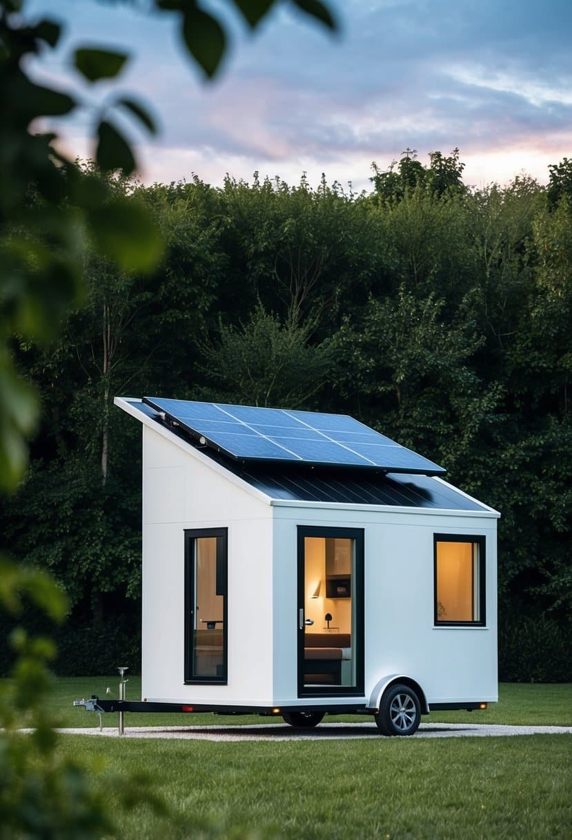 A sleek, compact Tesla tiny house stands against a backdrop of lush greenery, showcasing its modern design and sustainable features. Solar panels adorn the roof, while large windows allow natural light to flood the interior