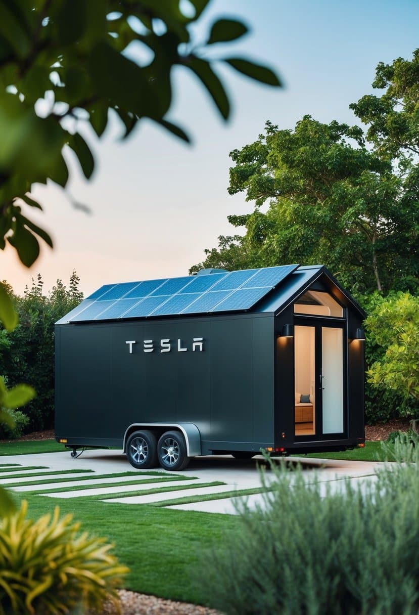 A sleek, compact Tesla tiny house surrounded by lush greenery and solar panels, with a modern and sustainable design