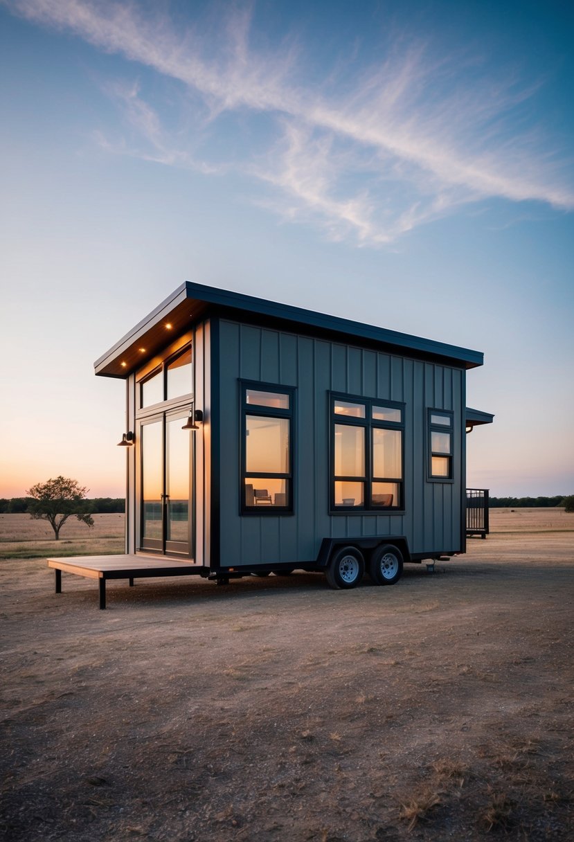 A modern, sleek tiny house with large windows and a small porch, set in a spacious Texas landscape