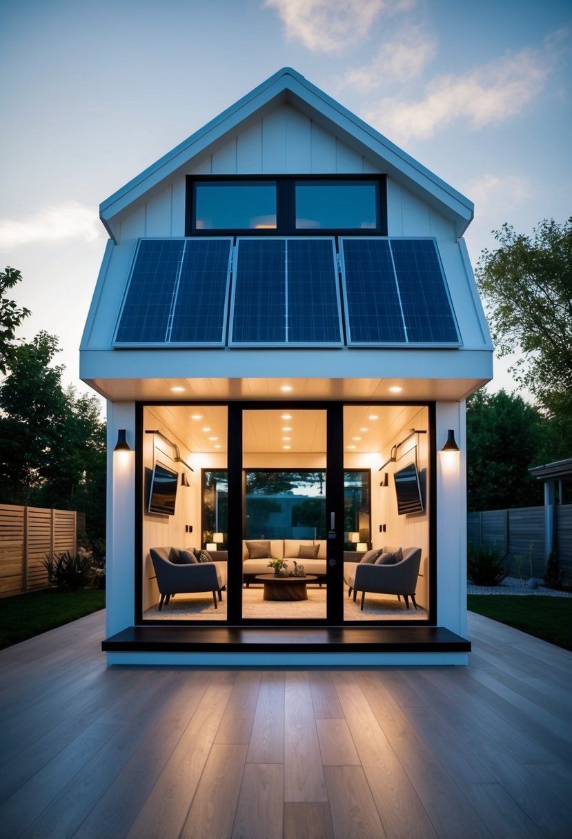 A sleek, modern tiny house with large windows, solar panels, and a minimalist interior furnished with high-tech gadgets and luxurious finishes