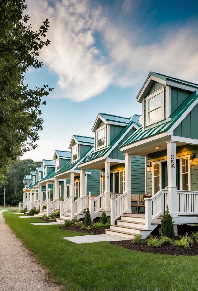 Noah Certified Tiny Homes for Sale: Quality Living in Compact Spaces 3 A row of charming, eco-friendly tiny homes with NOAH certification nestled in a serene, wooded setting, each adorned with a welcoming front porch and lush landscaping