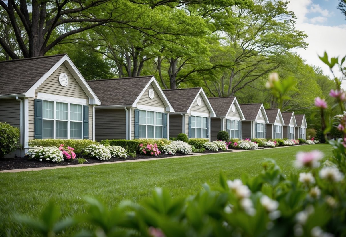 A row of cozy independent living cottages nestled among lush green trees and blooming flowers