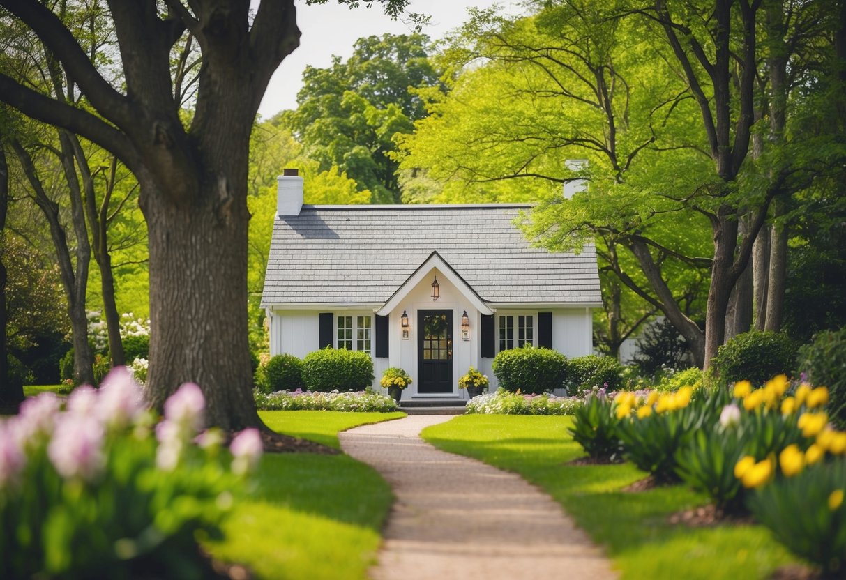 A cozy cottage nestled among lush green trees and blooming flowers, with a winding path leading to the entrance