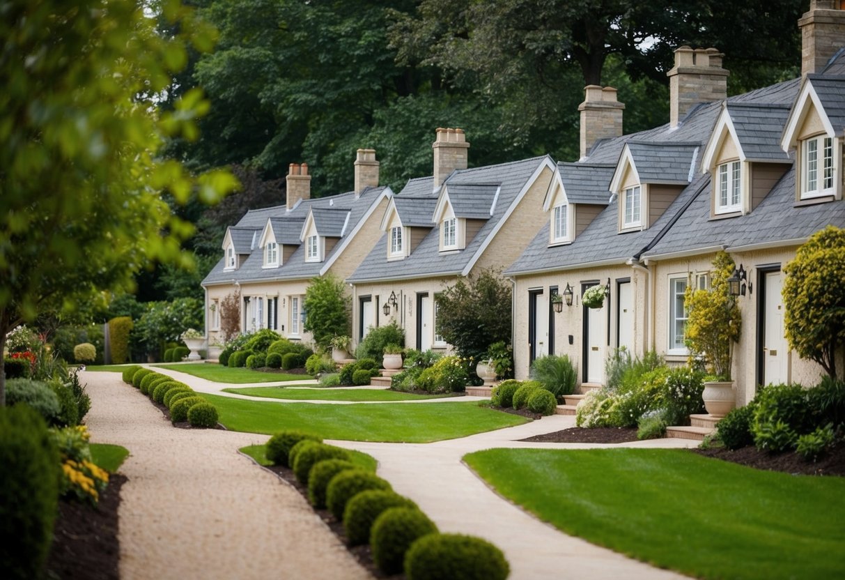 A row of cozy cottages nestled among lush trees and gardens, with a winding path leading to each front door