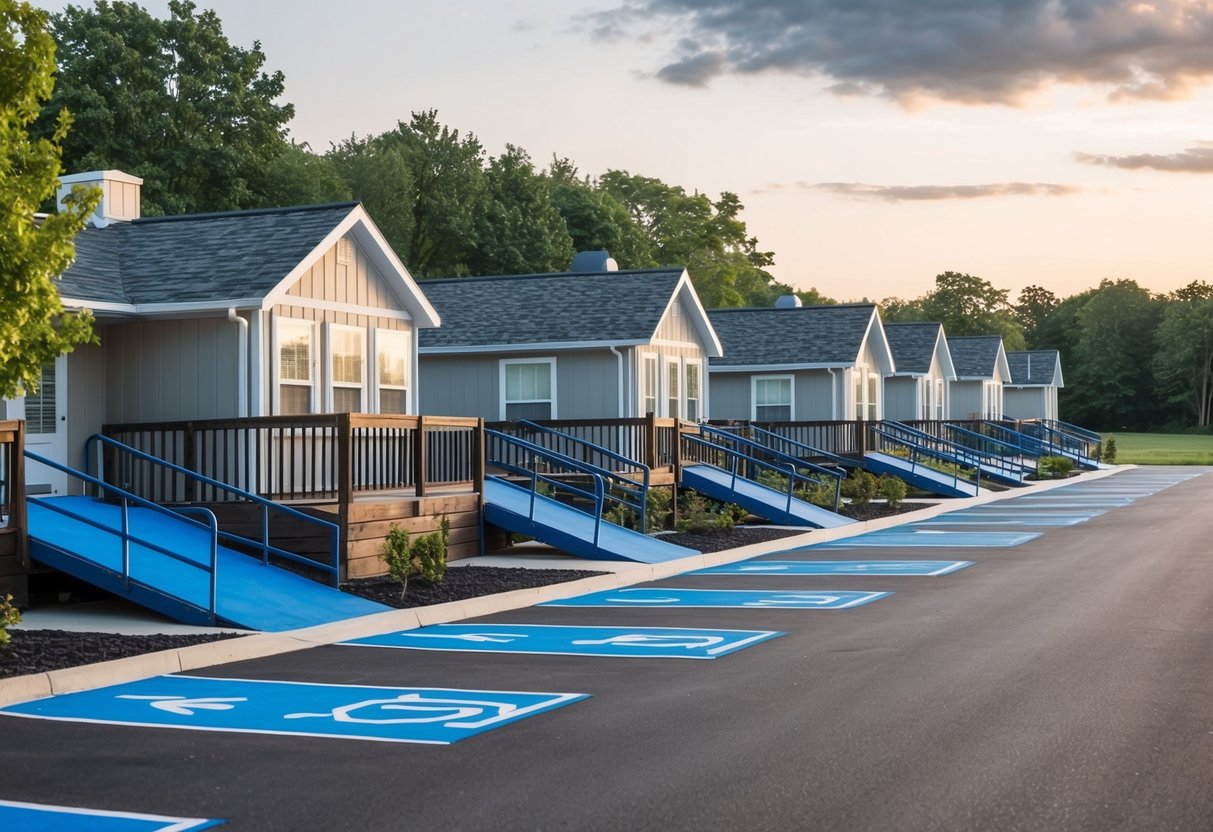 A row of accessible cottages with ramps and designated parking, surrounded by well-maintained pathways and greenery