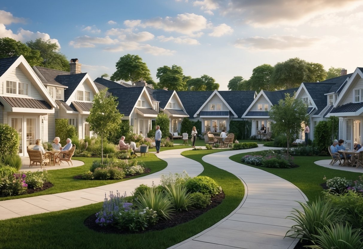 A cluster of cozy cottages surrounded by lush gardens and winding pathways, with residents enjoying outdoor activities and socializing