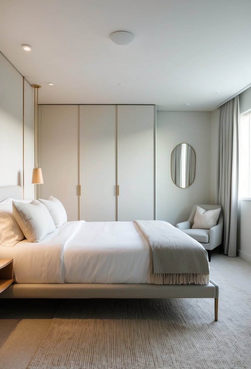 A serene bedroom with clean lines, neutral colors, and simple furnishings. Soft lighting and uncluttered surfaces create a peaceful atmosphere