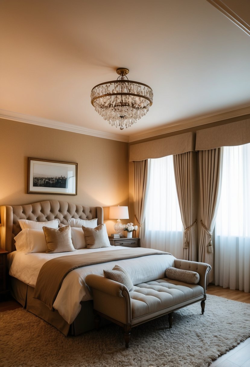 7 Classy Bedroom Ideas for Couples to Enhance Intimacy and Style 5 A cozy bedroom with warm, soft lighting, a plush bed, elegant decor, and a touch of romance