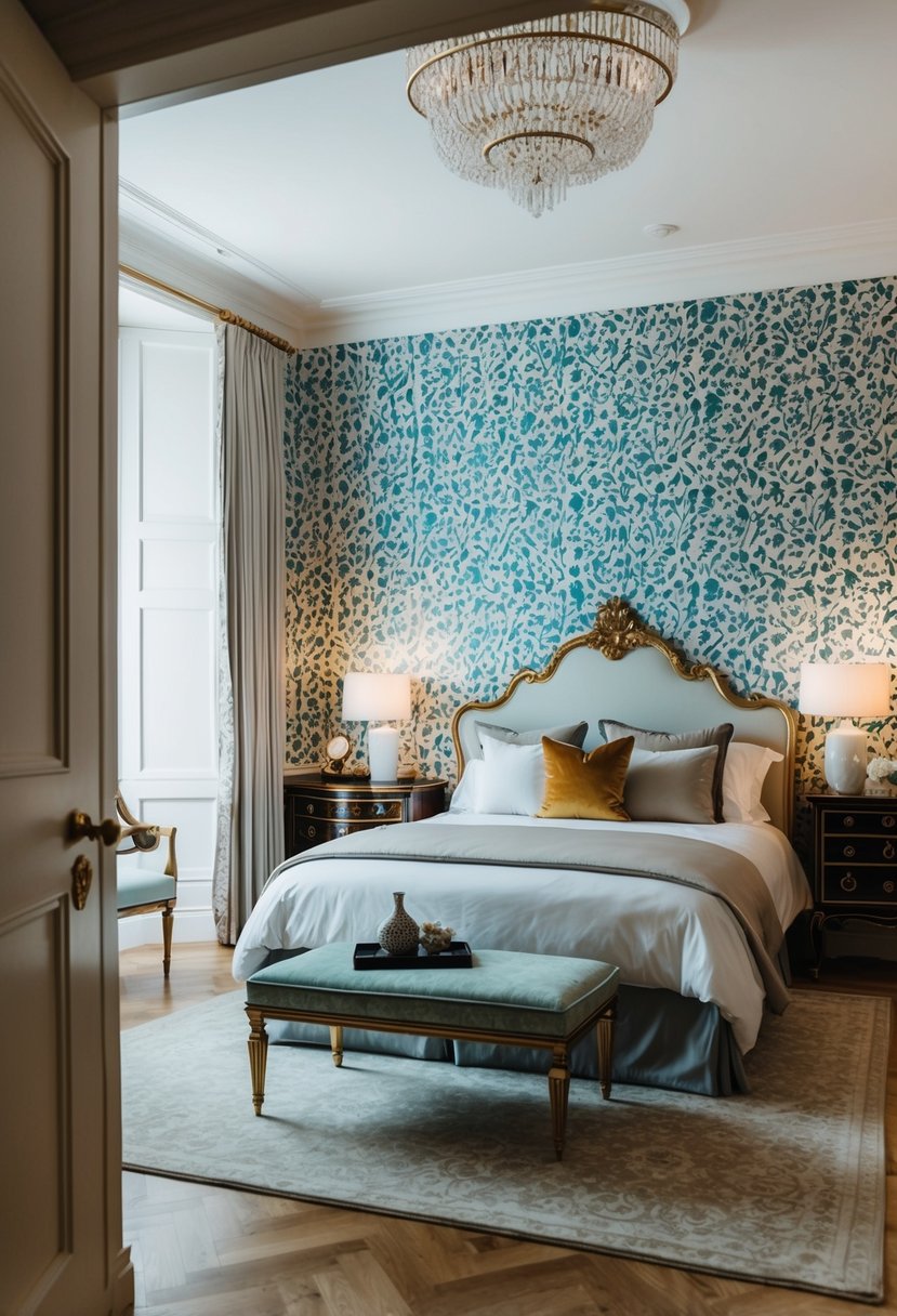 7 Classy Bedroom Ideas for Couples to Enhance Intimacy and Style 6 A luxurious bedroom with statement wallpaper, elegant furniture, and soft lighting