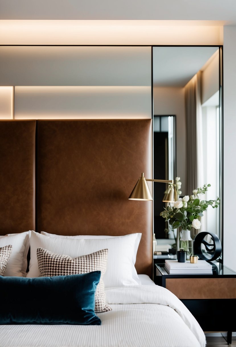 7 Classy Bedroom Ideas for Couples to Enhance Intimacy and Style 8 A sleek, leather headboard anchors a modern bedroom with clean lines, neutral tones, and luxurious accents for a sophisticated couple's retreat