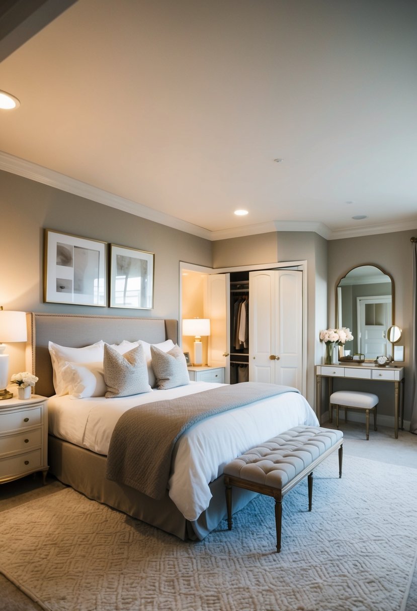 7 Classy Bedroom Ideas for Couples to Enhance Intimacy and Style 10 A cozy bedroom with a king-sized bed, elegant nightstands, a spacious walk-in closet, and a stylish vanity area. Soft lighting and neutral colors create a romantic and functional space for a couple
