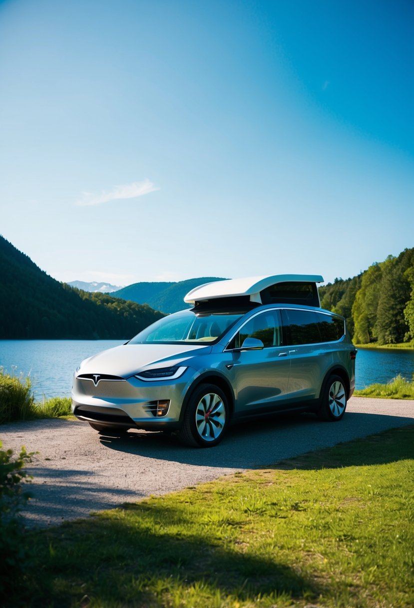 A sleek Tesla campervan parked at a scenic campsite, surrounded by lush greenery and a serene lake under a clear blue sky