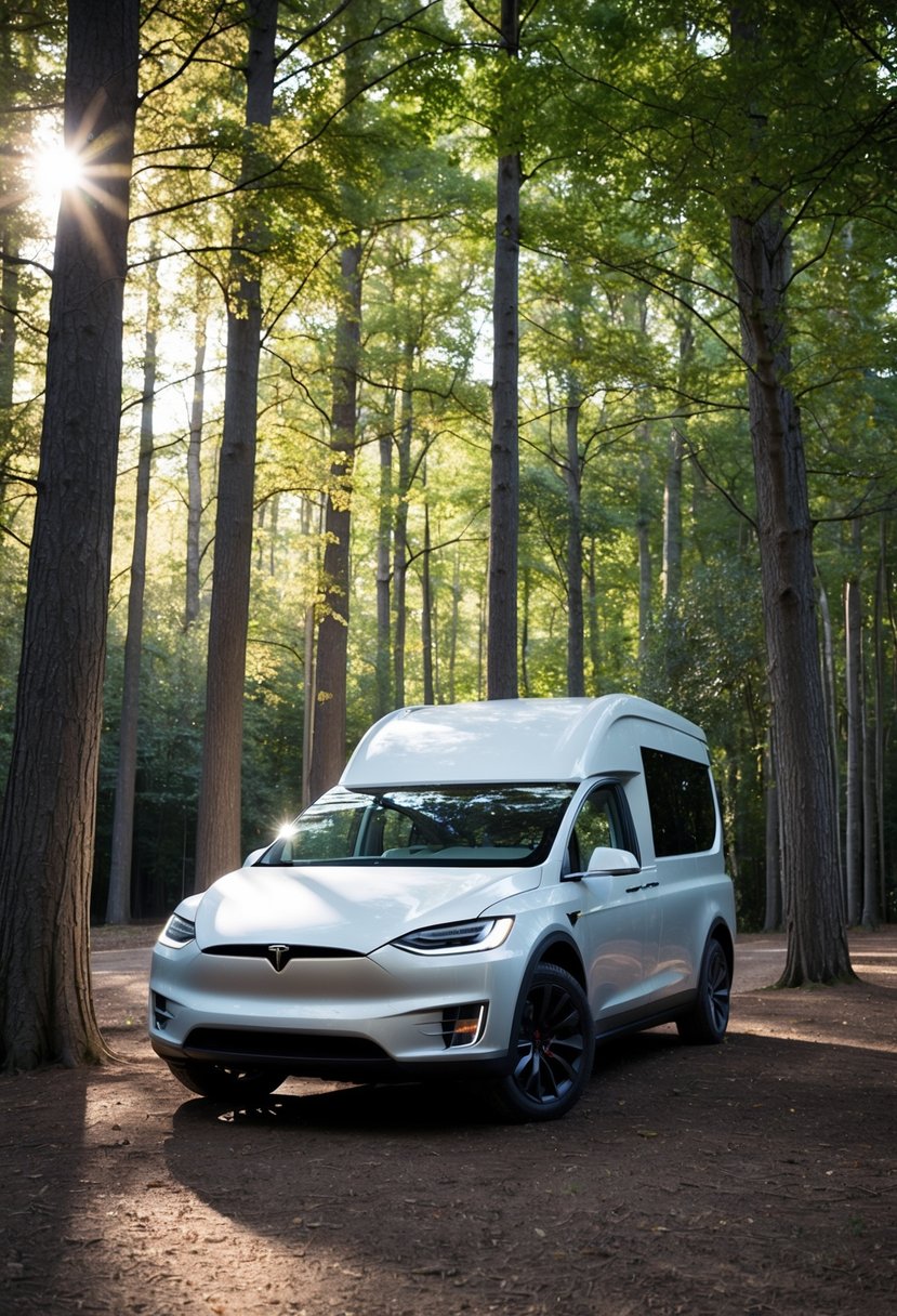 A sleek 2025 Tesla camper van parked in a serene forest clearing, surrounded by tall trees and dappled sunlight filtering through the leaves
