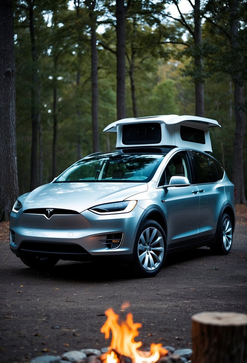 A sleek, silver Tesla camper van parked in a serene, wooded campsite with a cozy campfire burning nearby