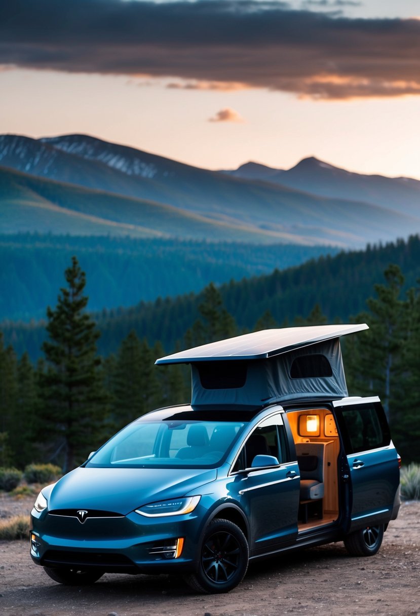 A sleek Tesla camper van parked in a scenic wilderness, with solar panels on the roof and a cozy interior visible through the windows