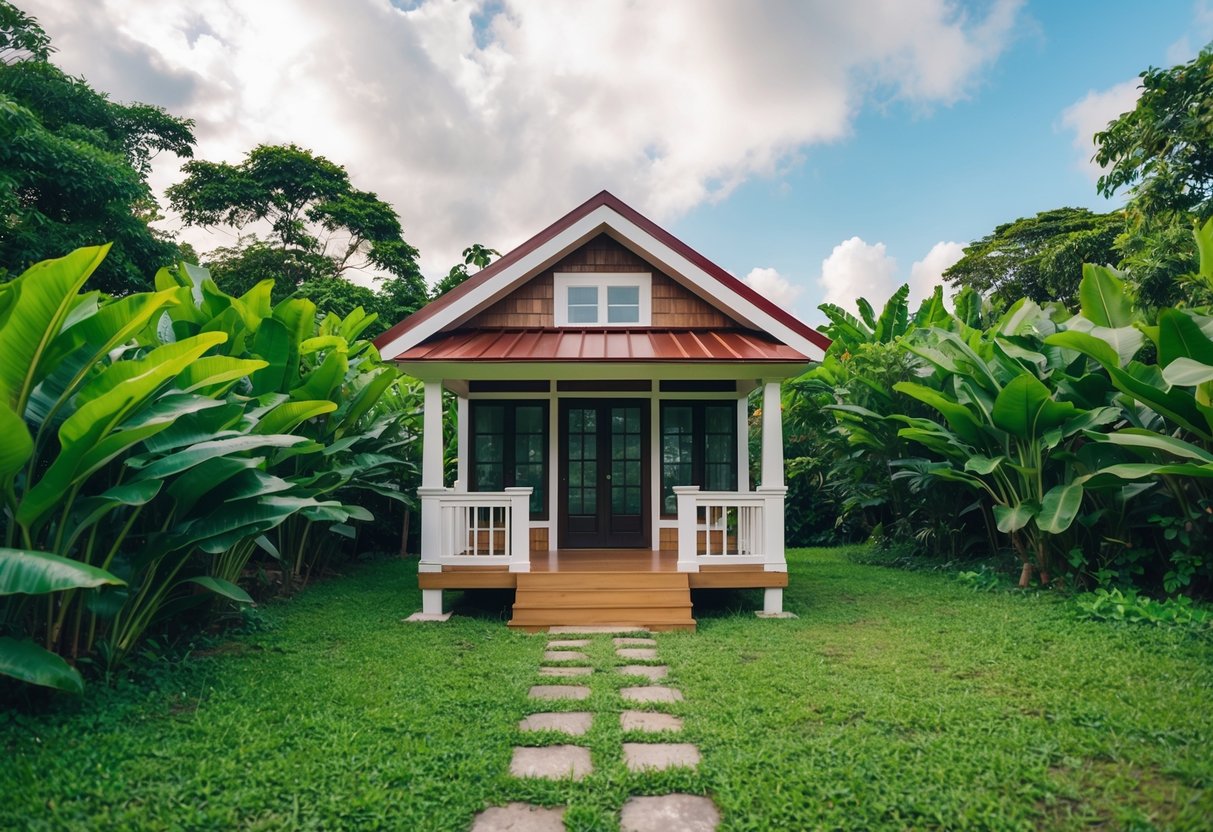 Tiny House In The Philippines: Minimalist Living in a Lush Environment 4 A cozy tiny house nestled among lush greenery in the Philippines, featuring a sloped roof, large windows, and a welcoming front porch