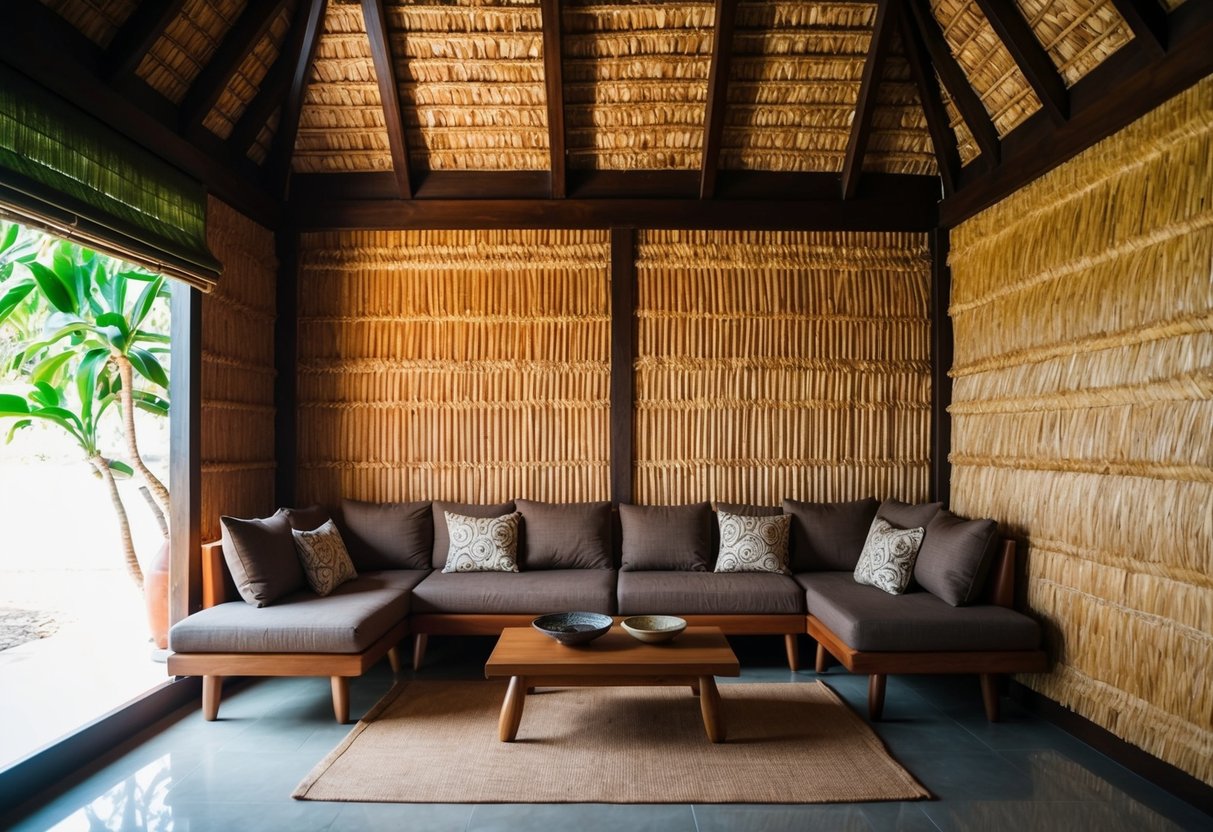 Natural amakan wall panels create a warm, textured interior in a traditional Filipino house