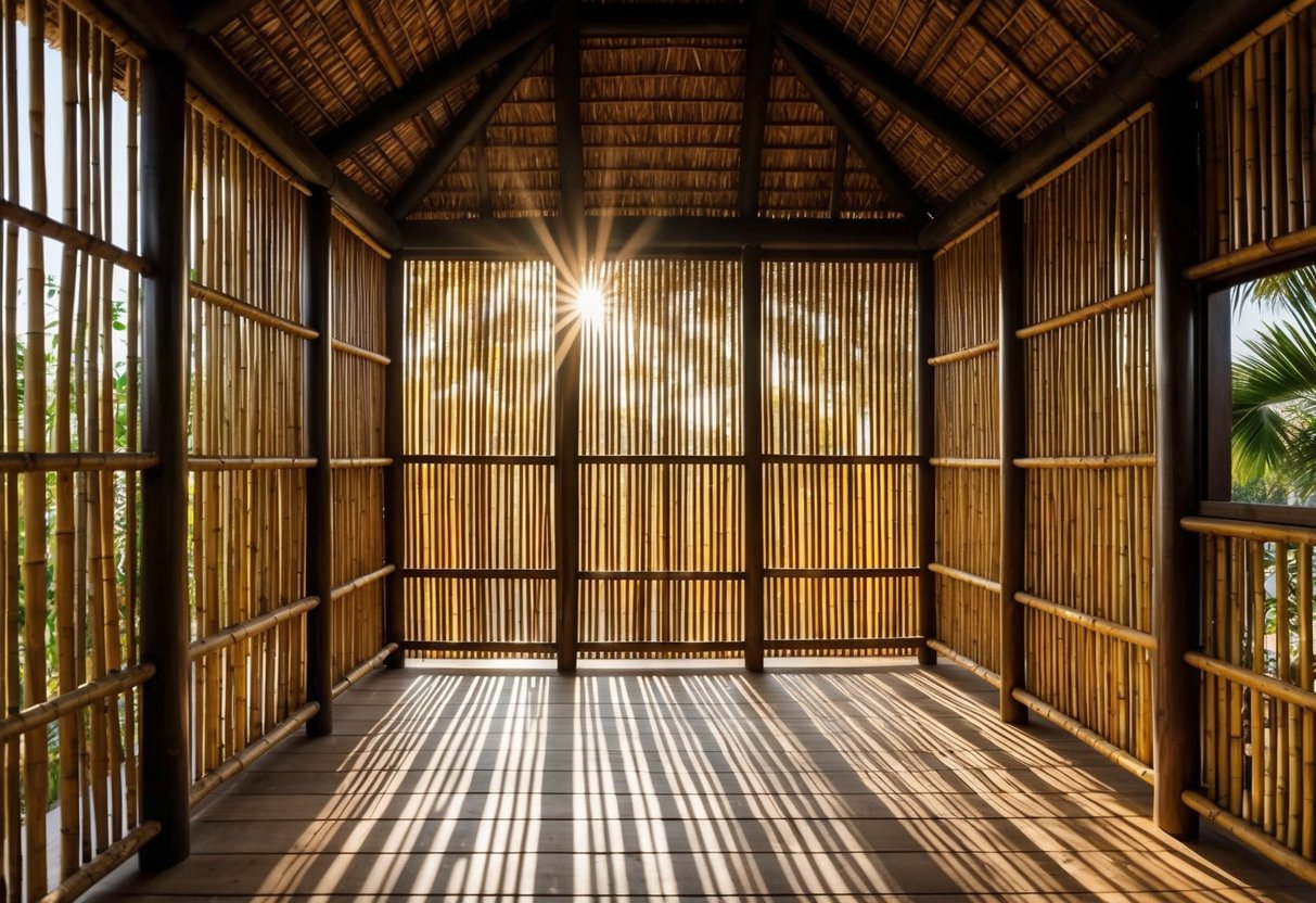 Sunlight filters through bamboo slats, casting intricate patterns on the amakan house interior. The open ventilation design allows for a natural and airy atmosphere