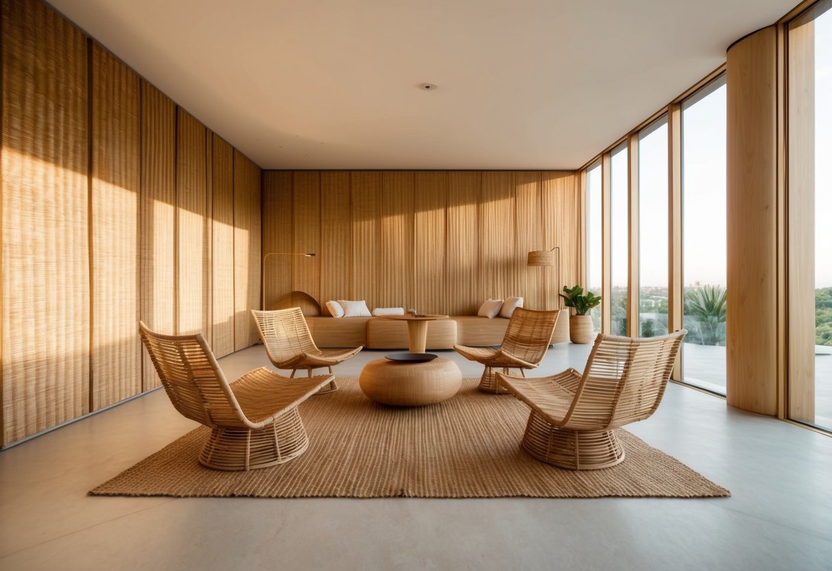A spacious, airy room with sleek, minimalist furniture made of natural fibers. Light streams in through large windows, casting a warm glow on the woven amakan walls