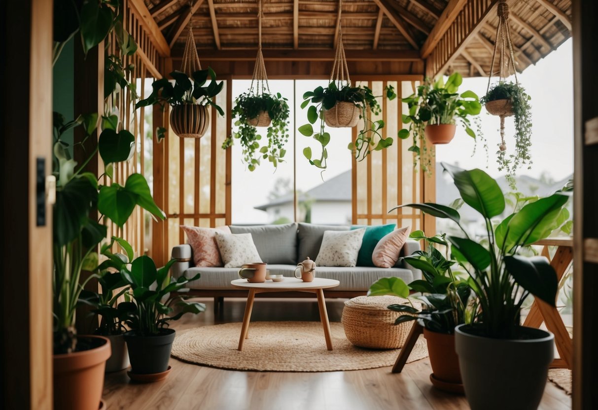 A cozy Amakan house interior with hanging and potted indoor plants adding freshness and natural charm to the space