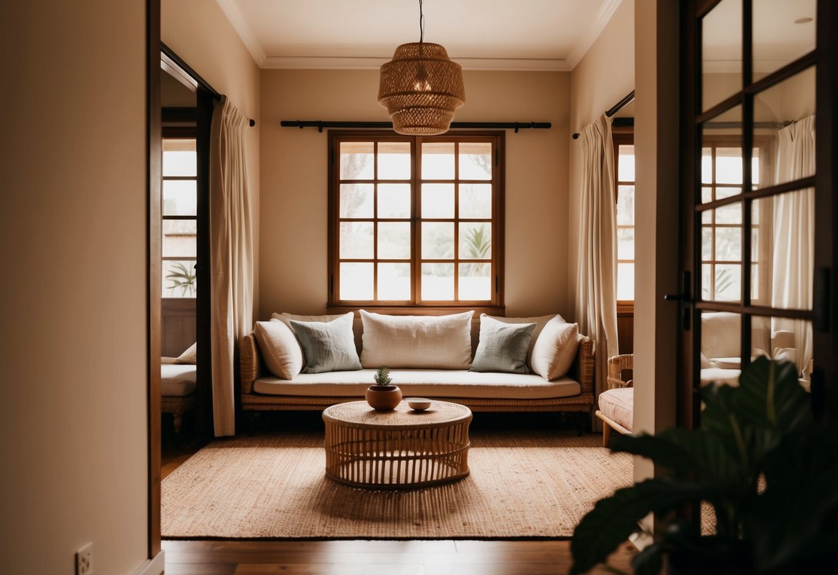 A cozy amakan house interior, bathed in warm natural light. Neutral colors dominate the space, creating a serene and inviting atmosphere