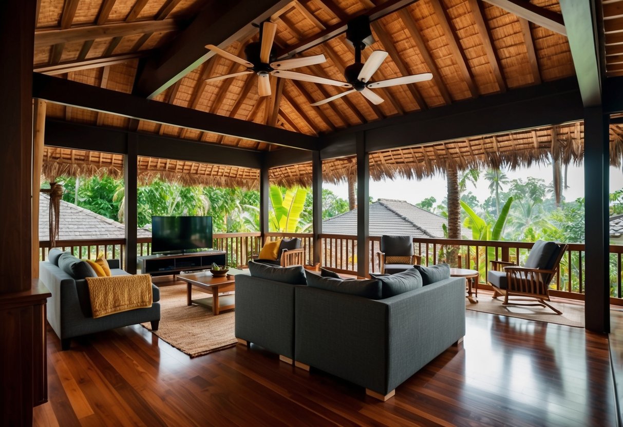 A cozy amakan house interior with wooden-bladed ceiling fans