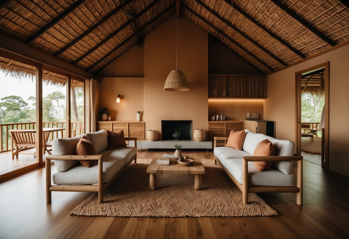 A cozy Amakan house interior with natural materials, warm earthy tones, and simple, functional furniture arranged in a harmonious and inviting manner