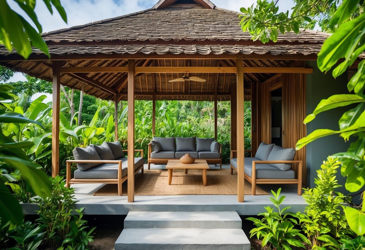 An amakan house interior with natural materials and simple furniture, surrounded by lush greenery