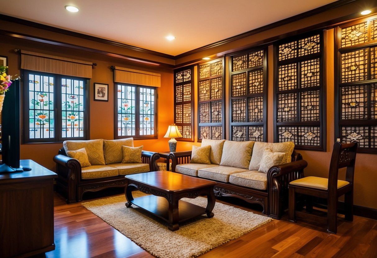 A cozy living room with traditional Filipino amakan wall panels, wooden furniture, and warm lighting