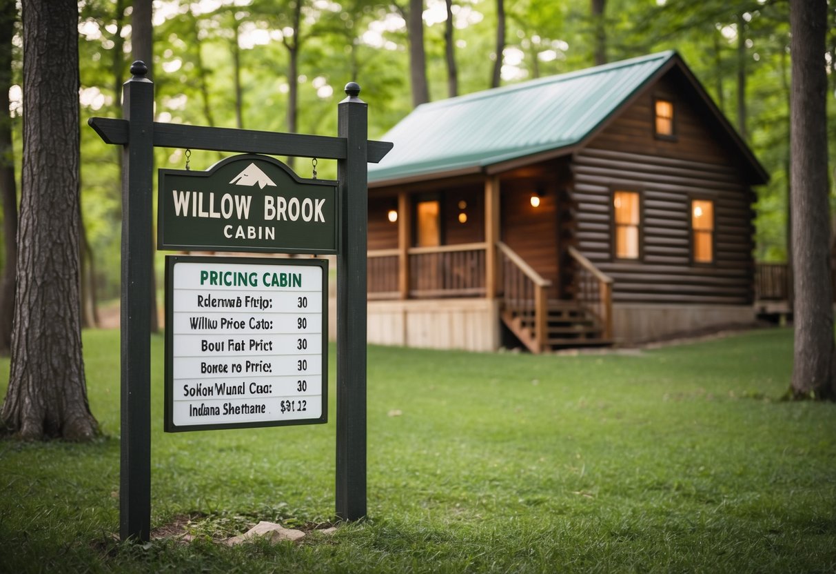 A cozy cabin nestled in the serene woods of Indiana, with a sign displaying pricing information for the Willow Brook Cabin