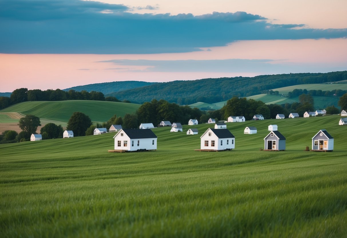 A serene countryside with neatly arranged Amish-built tiny homes nestled among rolling hills in Indiana