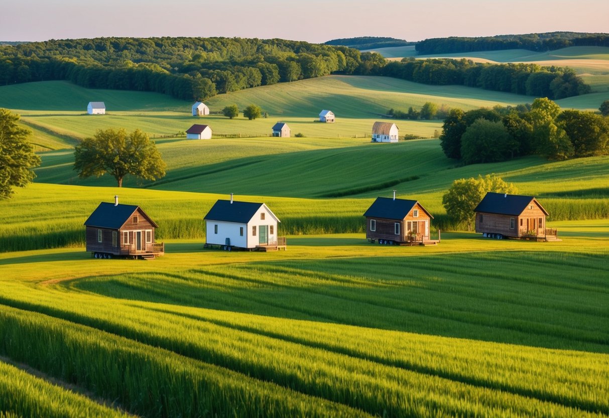 A serene countryside landscape with several Amish-built tiny homes nestled among lush green fields and rolling hills in Indiana