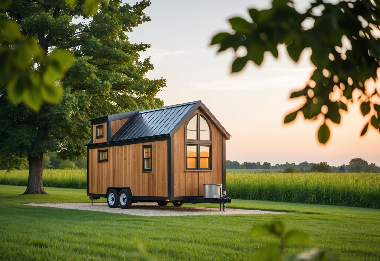 An Indiana Amish-built tiny home nestled in a serene countryside setting, surrounded by lush greenery and a peaceful atmosphere
