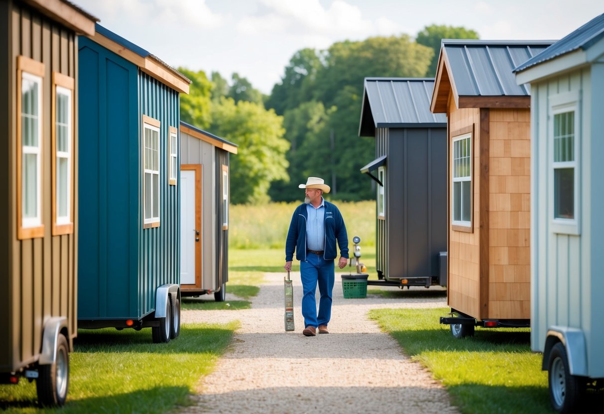 A customer exploring various Amish-built tiny homes in Indiana, considering size, style, and features before making a purchase