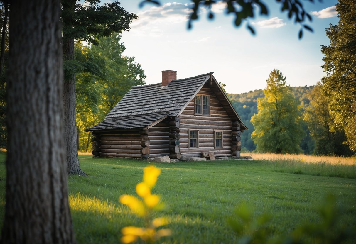 A rustic log cabin nestled in the Indiana wilderness, surrounded by tall trees and a serene atmosphere