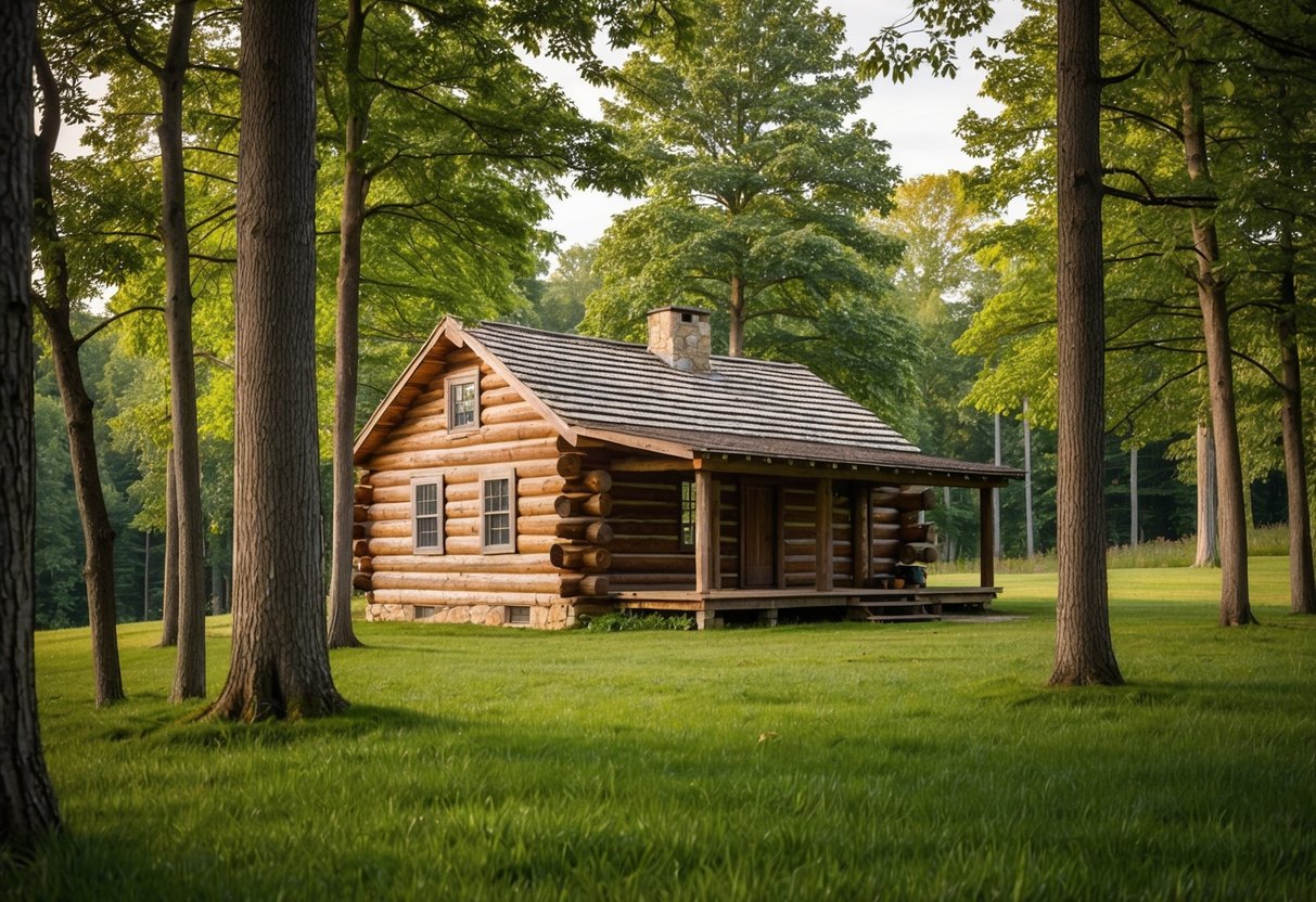A rustic log cabin nestled in the Indiana woods, surrounded by tall trees and a serene natural landscape