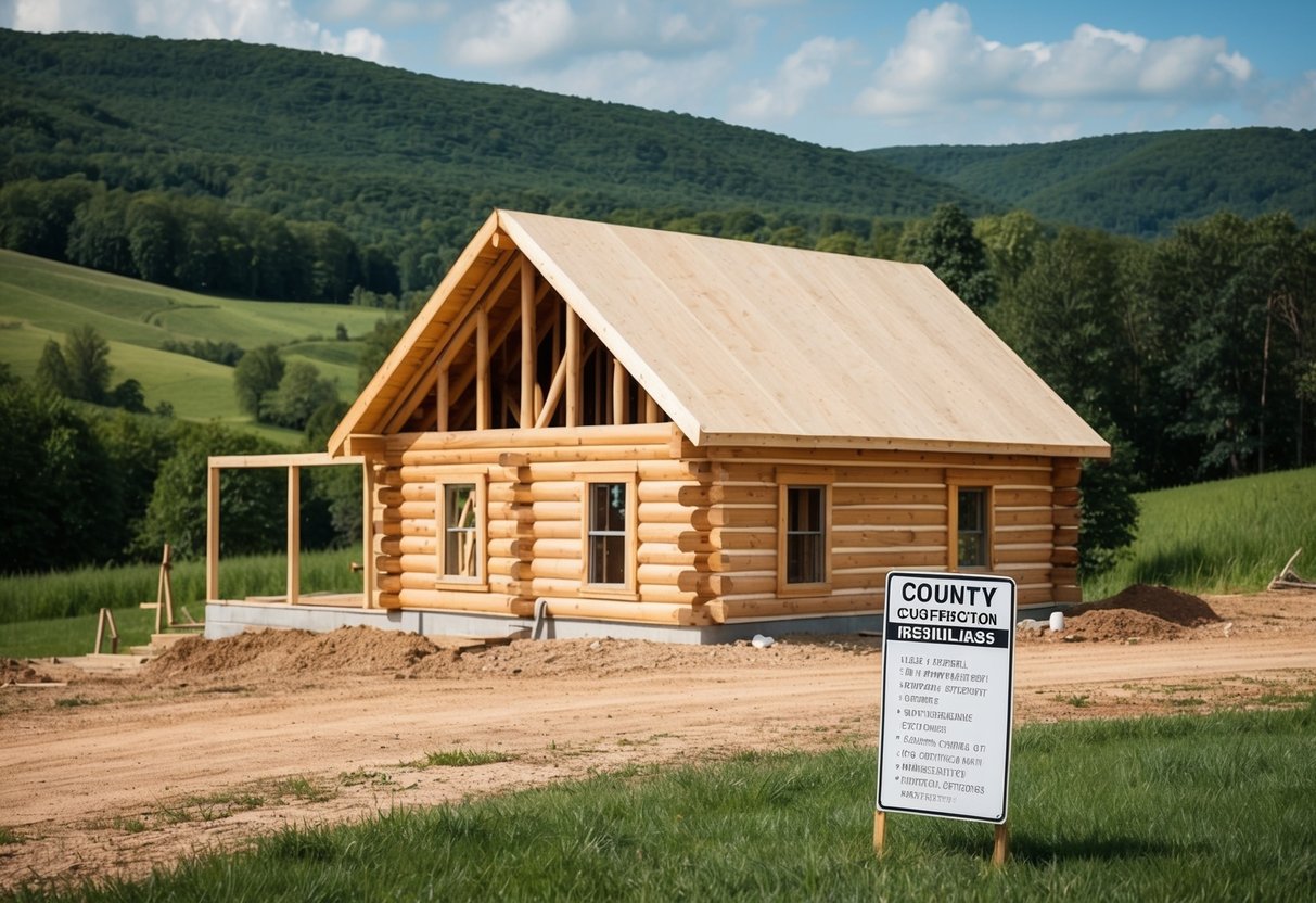A log cabin being built in a rural Indiana setting, surrounded by rolling hills and dense forests. A sign with county construction regulations is posted nearby