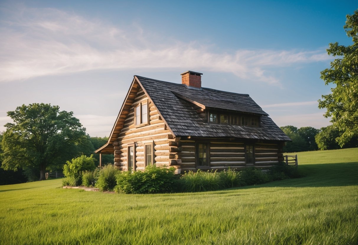 A rustic log cabin nestled in the Indiana countryside, surrounded by lush greenery and a clear blue sky